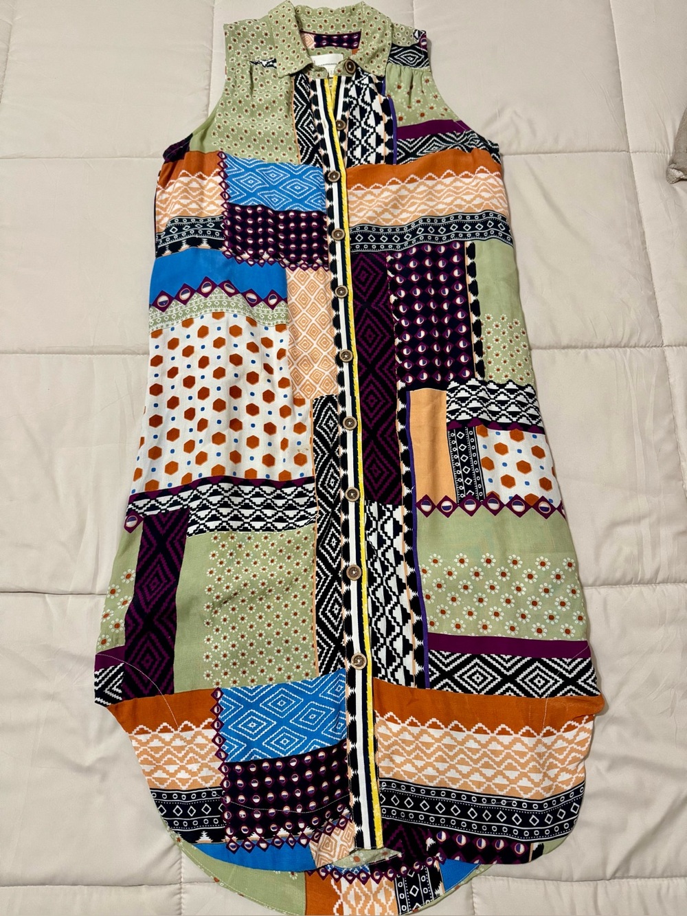 Anthropologie Sleeveless Patchwork Midi Dress in Green, Blue, Orange, Purple